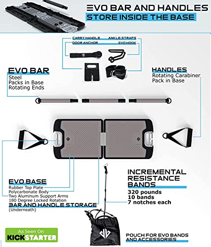 EVO Gym - Portable Home Gym Strength Training Equipment, at Home Gym | All in One Gym - Resistance Bands, Base Holds Gym Bar & Handles for Travel | Portable Gym & Home Exercise Equipment