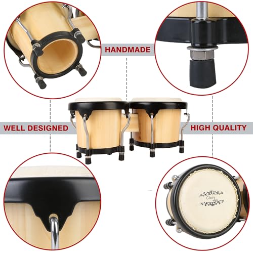 Glory Bongo Drums 4” and 5” Wood Percussion Instrument Bongos with bag and tuning Key,Natural
