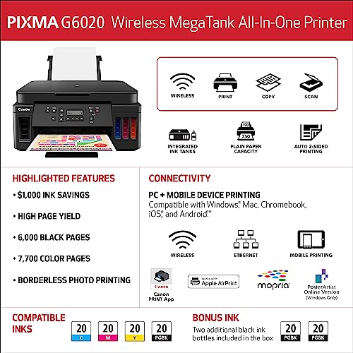 Canon PIXMA G6020 All-in-One Supertank Wireless (Megatank) Printer, Copier and Scan with Mobile Printing, Black, Works with Alexa