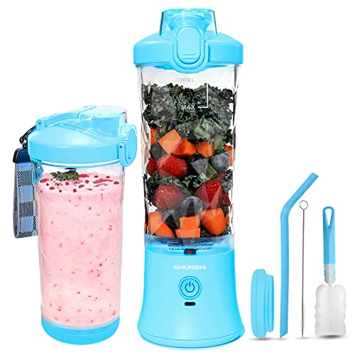Portable Blender 20 Oz, Personal Size Blender for Shakes and Smoothies with 6 Blades, Mini Small Smoothie Blender Bottles for Kitchen, Home, Travel (Blue)