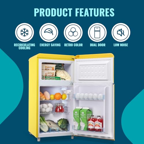 WANAI Small Refrigerator with Freezer 3.5 Cu.Ft Mini Fridge for Bedroom Dual Door Adjustable Shelves Dorm Refrigerator Suitable for Home Garage Office College Yellow