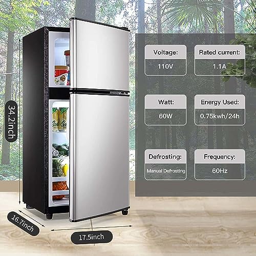 Two Door Mini Fridge with Freezer 3.4 cu.Ft, 7 Level Adjustable Thermostat for Dorm, Office, Bedroom, Apartment - Silver