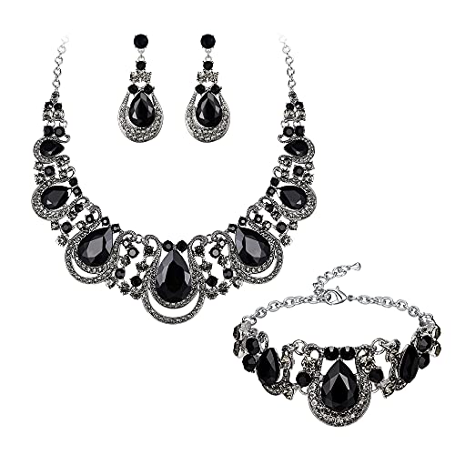 BriLove Women's Teardrop Crystal Statement Necklace Cluster Hollow Dangle Earrings Chain Bracelet Bib Jewellery Set for Wedding Bride Bridesmaid