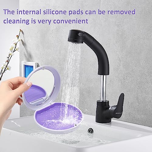 Retainer Case,Aligner Case with Mirror,Round Retainer Holder with Aligner Remover Tool, Chew & Brush,Rope Bag Sets (White Shell Purple Silicone)