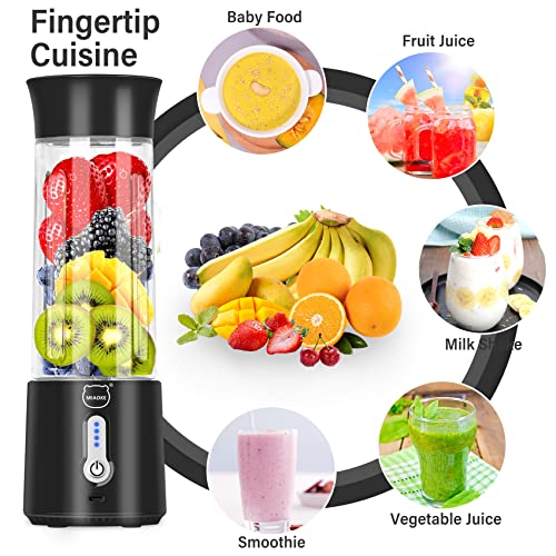 Personal Juicer, Miaoke Portable Blender 17 Oz 6 Leaves High-Speed 304 Stainless Steel Blade 22000 R/Min 4000Ah Type-C Rechargeable 4-Grade power prompt With Portable Removable Cup Lid/Black