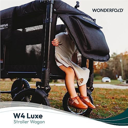 WONDERFOLD W4 Luxe Quad Stroller Wagon (4 Seater) - Collapsible Wagon Stroller with Seats with Magnetic Buckle 5-Point Harnesses and Adjustable Sun Canopy, Elite Black Camo