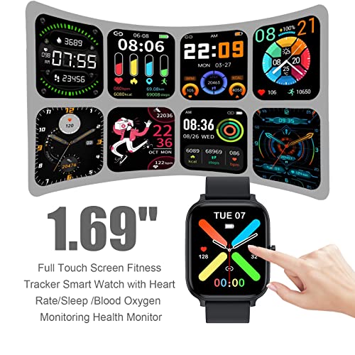 Smart Watch for Men Women Compatible with iPhone Samsung Android Phone 1.69 inch Full Touch Screen IP68 Waterproof Bluetooh Fitness Tracker Heart Rate / Sleep Monitor, Black