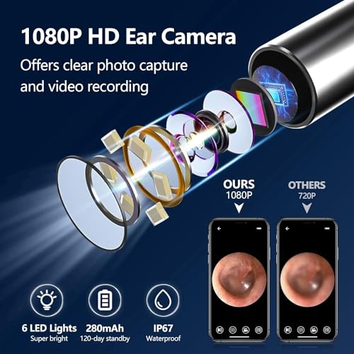 Ear Wax Removal Camera,Newly Upgraded 1080P Earpick,with IP67 Waterproof Lens,6 LED Lights,8Pcs Ear Care Kit for Daily Use,Wireless Visual Ear Scoop Tool for Android and iPhone Tablets,Black