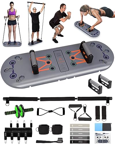 Home Workout Equipment to Help Achieve Fitness Goals, 27-in-1 Portable Gym Exercise Equipment with Compact Push-Up Board, Resistance Bands, Ab Roller Wheel, and Pilates Bar, Master Your Workout