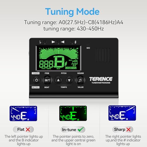 TERENCE Metronome Tuner, 3 in 1 Digital Metronome Tuner Tone Generator for Guitar, Bass, Ukulele, Chromatic, Clarinet, Trumpet and All Musical Instruments, with LCD Color Display, Volume Adjustable