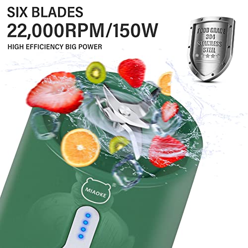 Personal Juicer, Miaoke Portable Blender 17 Oz 6 Leaves High-Speed 304 Stainless Steel Blade 22000 R/Min 4000Ah Type-C Rechargeable 4-Grade power prompt With Portable Removable Cup Lid/DK Green