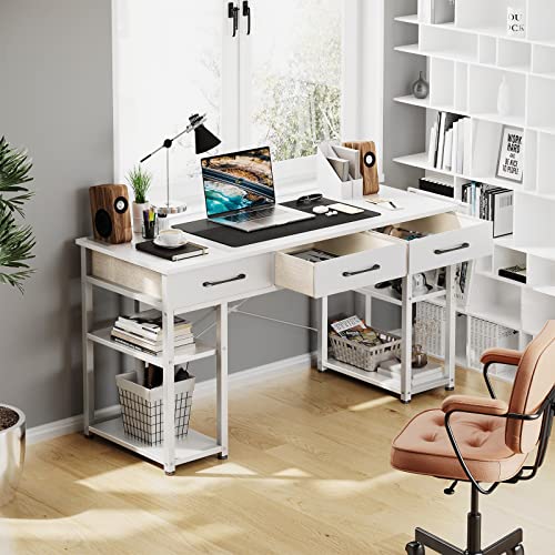 ODK 47" Small Office Computer Desk: Home Table with Drawers Wood Storage Shelves, Modern Work Writing Desk, White + White Leg