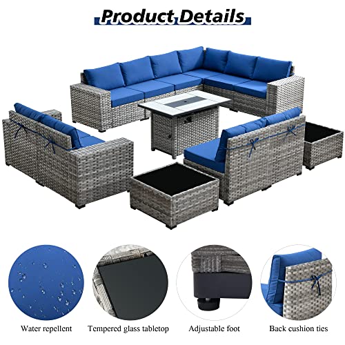 Outdoor Patio Sectional Furniture Sofa Set with Propane Fire Pit Table,13 Piece Large Modern Wicker Couch with Widened Armrest,Modular L Shaped Conversation Seating Set(Navy Blue)