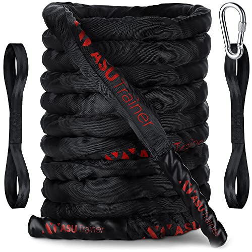 Poly Dacron Weighted Battle Ropes for Home Gym– Indoor/Outdoor Workout Rope with Sleeve, Heat-Shrink Handles, & Anchor Kit – Exercise Rope for Training/Fitness/Boxing, Army Battle Rope