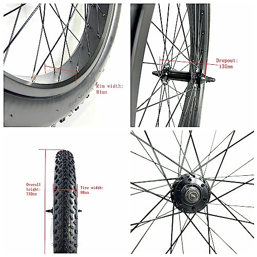 Fat Bike Front Wheel 26''x4.0 Tyre Hub Spokes Black Alloy Aluminum Snow Bicycle fatbike Rim Wheel 26 Bolt On