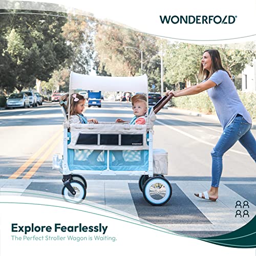 WONDERFOLD Volkswagen Quad Stroller Wagon (4 Seater) - Collapsible Wagon Stroller with VW Bumper, Functioning Headlights, and All-Terrain XL Wheels, Bondi Blue