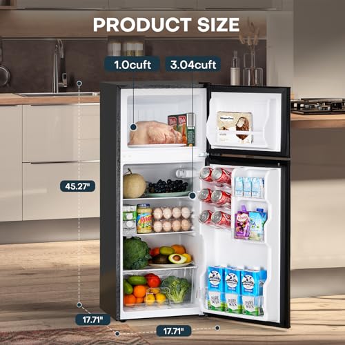 Upstreman 4.0 Cu.Ft. Mini Fridge with Freezer, Double Door, Mini Fridge for Office,Dorm, Bedroom,Adjustable Thermostat, Large Capacity,Black-BR401