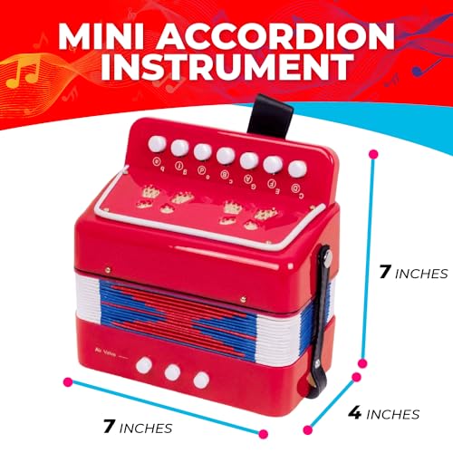 Kids Toy Accordion with 7 Vocal Keys. Portable Mini Musical Instrument with Easy to Carry Back Strap included. Ideal for Kids 3+ Red