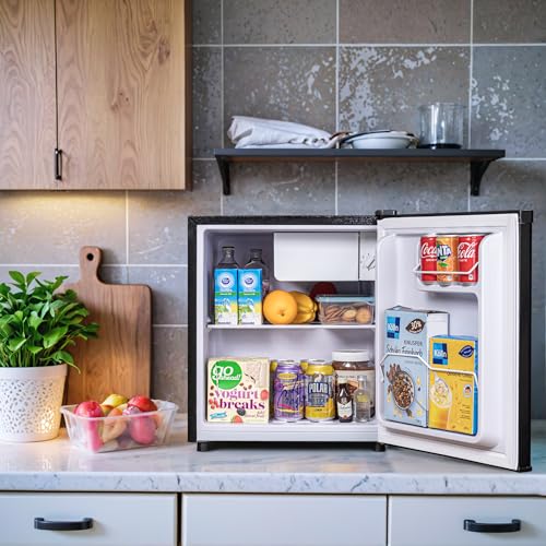 1.7 Cu.Ft Mini Fridge with Freezer, Low Noise Compact Refrigerator, Adjustable Thermostat, Energy Saving, Stylish Small Fridge for Bedroom, Office, Dorm, Hotel. (Stylish Black)
