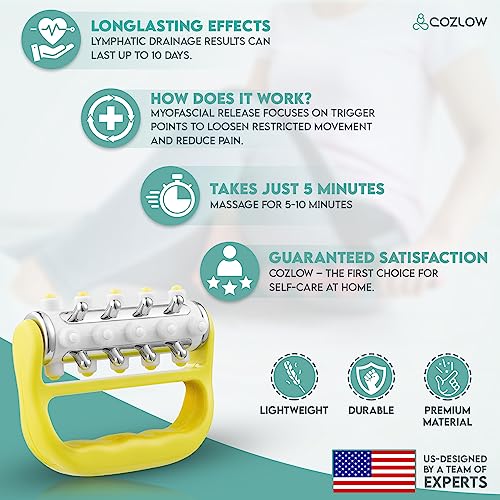 MyoRelease Lymphatic Drainage Massager (Yellow), Ultimate Fascia Release & Scar Tissue Massage Tool, Personal Handheld Massage Roller for Shoulder, Neck, Thigh, Leg & Back