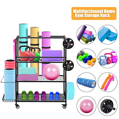HEOMU Yoga Mat Storage Rack, Home Gym Storage Rack for Dumbbells Kettlebells, Gym Organizer Gym Equipment Storage Cart with Wheels and Hooks, Black