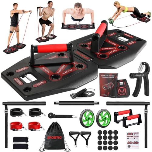 Push Up Board Workout Equipment Home Gym with Exercise Accessories Resistance Bands & Ab Roller Wheel & Pilates Bars - Portable Gym with Foldable Pushup Board - Exercise Equipment for Women & Men's Gift