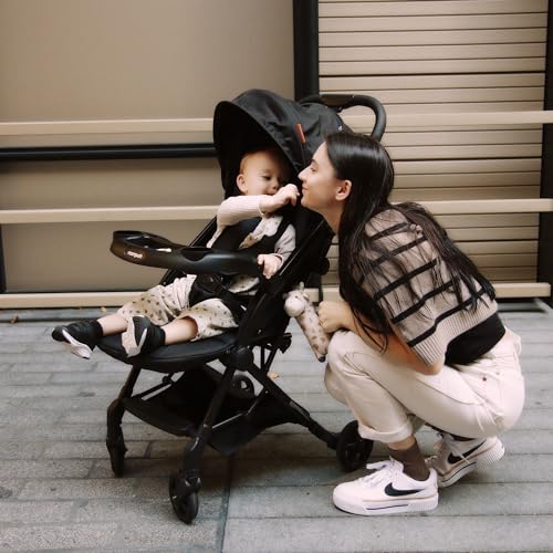 Mompush Lithe V2 Lightweight Stroller + Snack Tray, Ultra-Compact Fold & Airplane Ready Travel Stroller, Near Flat Recline Seat, Cup Holder, Raincover & Travelbag Included