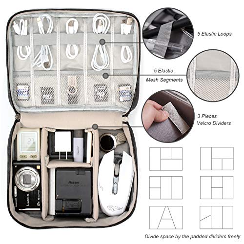 Electronic Organizer Travel Universal Cable Organizer Electronics Accessories Storage Bag Gadget Gear Cases for iPad Mini, Kindle, Smartphone, Cable, Charger, Power Bank, USB, SD Card (Black)
