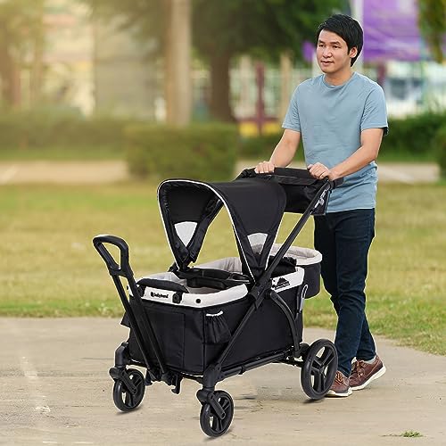 Baby Trend Expedition 2-in-1 Collapsible Stroller Wagon Plus with Canopy, Storage Basket, 2 Storage Trays, and 6 Bottle Holders, Modern Khaki
