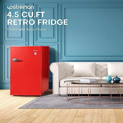 Upstreman 4.5 Cu Ft Retro Compact Refrigerator, Mini Fridge with Freezer for Bedroom, Adjustable Thermostat, Side Bottle Opener, Small Fridge for Office, Bedroom, Dorm, Bar, Red-CR45