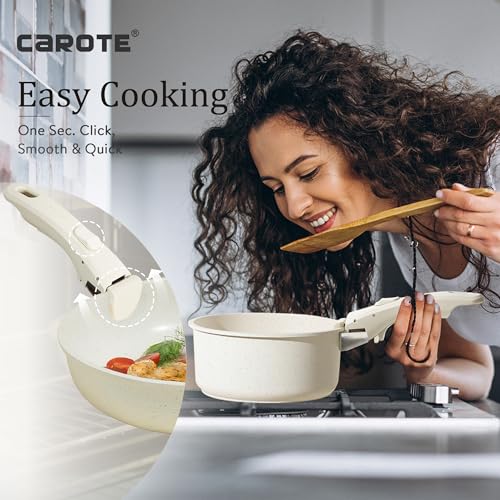 CAROTE 11pcs Pots and Pans Set Non Stick, Cookware Sets Detachable Handle, Induction RV Kitchen Set Removable Handle, Oven Safe, Cream White