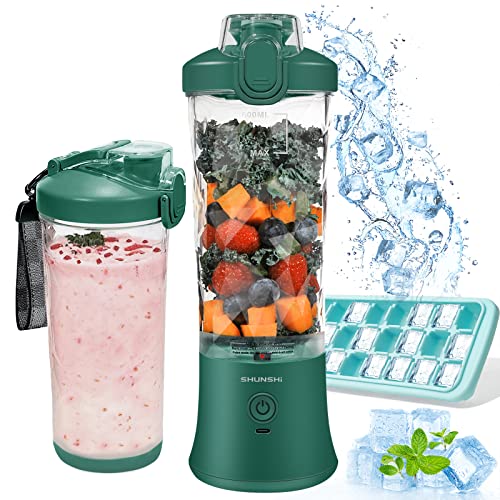 Portable Blender 20 Oz, Personal Size Blender for Shakes and Smoothies with Ice Cube Tray, Mini Small Smoothie Blender Bottles for Kitchen Home Gym Sports Travel (Green Blender+ice cube tray)