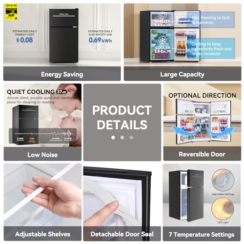 3.0 Cu.Ft Compact Refrigerator with 2 Doors, Mini Fridge with Freezer, 37dB Quiet, 7-Settings Mechanical Thermostat, LED Lights, Small Refrigerator for Bedroom Office, Dorm or Garage, Black
