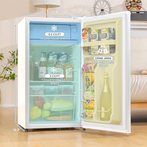 3.2 Cu. Ft Mini Fridge with Freezer for Bedroom, Dorm, Office, Compact Refrigerator with Adjustable Thermostat, Removable Glass Shelves and Reversible Door (White)