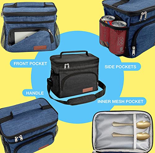 Insulated Lunch Bag for Women/Men - Reusable Lunch Box for Office Picnic Hiking Beach - Leakproof Cooler Tote Bag Organizer with Adjustable Shoulder Strap for Adults - Black