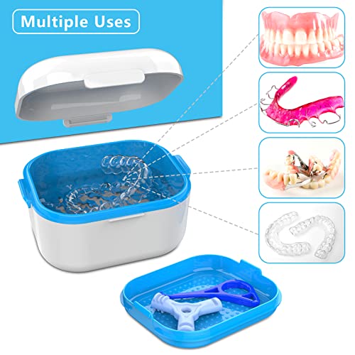 BVN Denture Case Denture Cup for Soaking Dentures Retainer Cleaner Case with Mirror Mouth Guard Case False Teeth Container White Blue