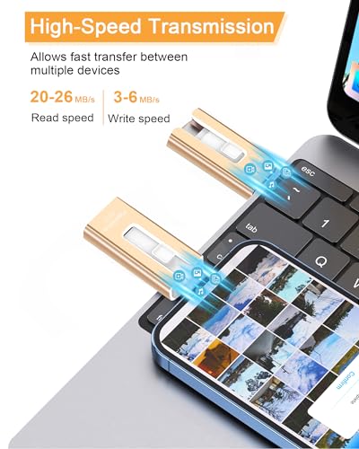 256GB USB Flash Drive for Phone and Pad, Photo Stick High Speed External USB Thumb Drives Photo Storage Memory Stick for Save More Photos and Videos (Gold, 256GB)