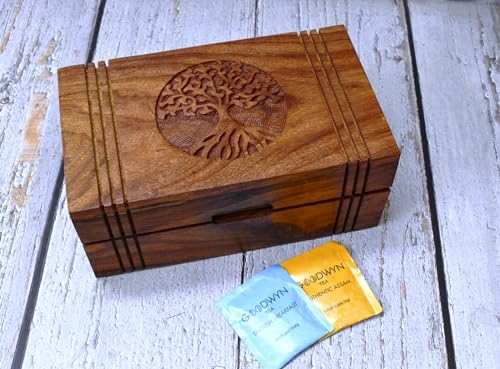 Wooden Tea Box - Tea Box for Tea Bags Organiser - Engraved Hardwood Tea Chest with 6 Compartments - Tea Storage Box Multi Functional - Wood Tea Box Organiser - 10 x6 inch (6 compartment box)