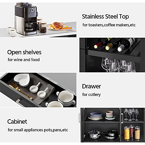 Yaheetech Kitchen Island with Stainless Steel Top and Storage Cabinet, Kitchen Cart on Wheels with Drawer & Open Shelves & Wine Rack & Spice Rack, 18" D x 51" W x 36" H, Black