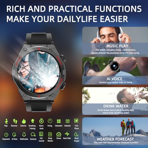 Military Smart Watch, 1.52-Inch Touch Screen Tactical Smartwatch with Text and Call, Heart Rate, Blood Oxygen, and Activity Trackers - Compatible with iPhone and Android, for Men and Women(Black)