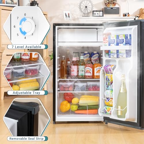 3.2 Cu. Ft Mini Fridge with Freezer for Bedroom, Dorm, Office, Compact Refrigerator with Adjustable Thermostat, Removable Glass Shelves and Reversible Door (Black)