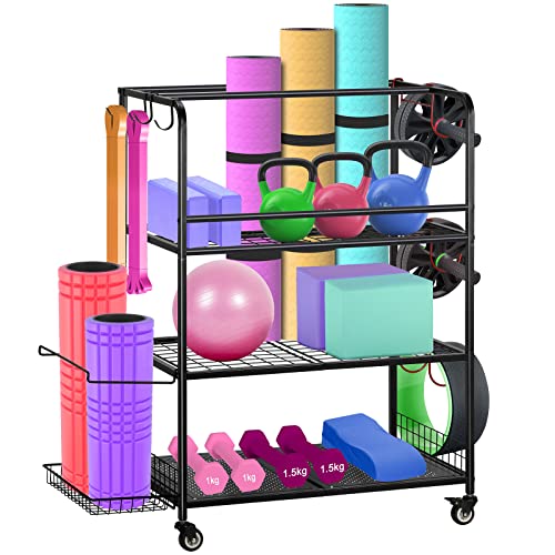 HEOMU Yoga Mat Storage Rack, Home Gym Storage Rack for Dumbbells Kettlebells, Gym Organizer Gym Equipment Storage Cart with Wheels and Hooks, Black