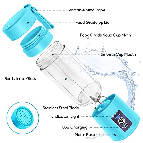 Portable Blender, MIAOKE Smoothie Blender, Personal Mini Juice Blender with Six Blades in 3D, USB Rchargeable Juicer Cup Home/Office/Outdoors (Blue)