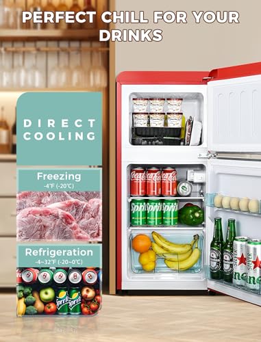 3.2 Cu.Ft Compact Refrigerator Mini Fridge with Freezer, Retro Double Door Small Fridge, 7 Level Thermostat Removable Shelves, Small Refrigerator for Dorm, Office, Bedroom, Red