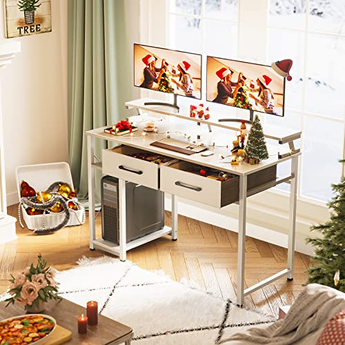ODK Computer Desk with Drawers and Storage Shelves, 47 inch Home Office Desk with Monitor Stand, Work Study PC Desk for Small Spaces, White