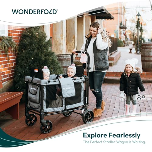 WONDERFOLD W2 Original Double Stroller Wagon Featuring 2 High Seats with 5-Point Harnesses, Easy-Access Front Zipper Door, and Removable UV-Protection Canopy, Black