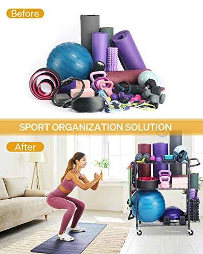 Yoga Mat Storage Rack, Home Gym Workout Equipment Storage Rack, Cart for Organizing Workout Room, Organizer Yoga Equipment Dumbbell Kettlebells Home Gym Storage Rack with Hooks and Wheels