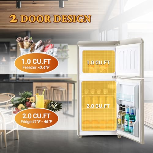 Retro Mini Refrigerator with Freezer 2-Door Retro Compact Fridge with Freezer 3.0Cu. Ft. Fridge for Office with Adjustable Thermostat&Shelves&Egg Tray,Mini Fridge with Freezer for Bedroom,Dorm(Cream)
