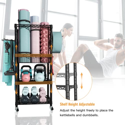Home Gym Storage, 3 Tiers Workout Equipment Organizer with Wheels for Yoga Mats, Foam Roller, Dumbbells, Kettlebells, and Resistance Bands