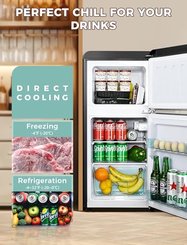 3.2 Cu.Ft Compact Refrigerator Mini Fridge with Freezer, Retro Double Door Small Fridge, 7 Level Thermostat Removable Shelves, Small Refrigerator for Dorm, Office, Bedroom, Black